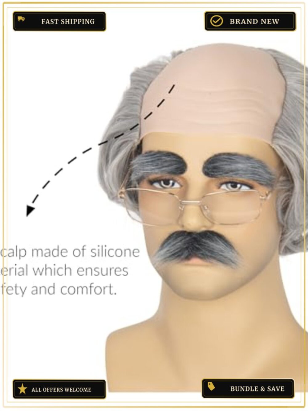 Grey Bald Cap Wig Old Man Costume with Mustache Eyebrows Glasses - Picture 4 of 5